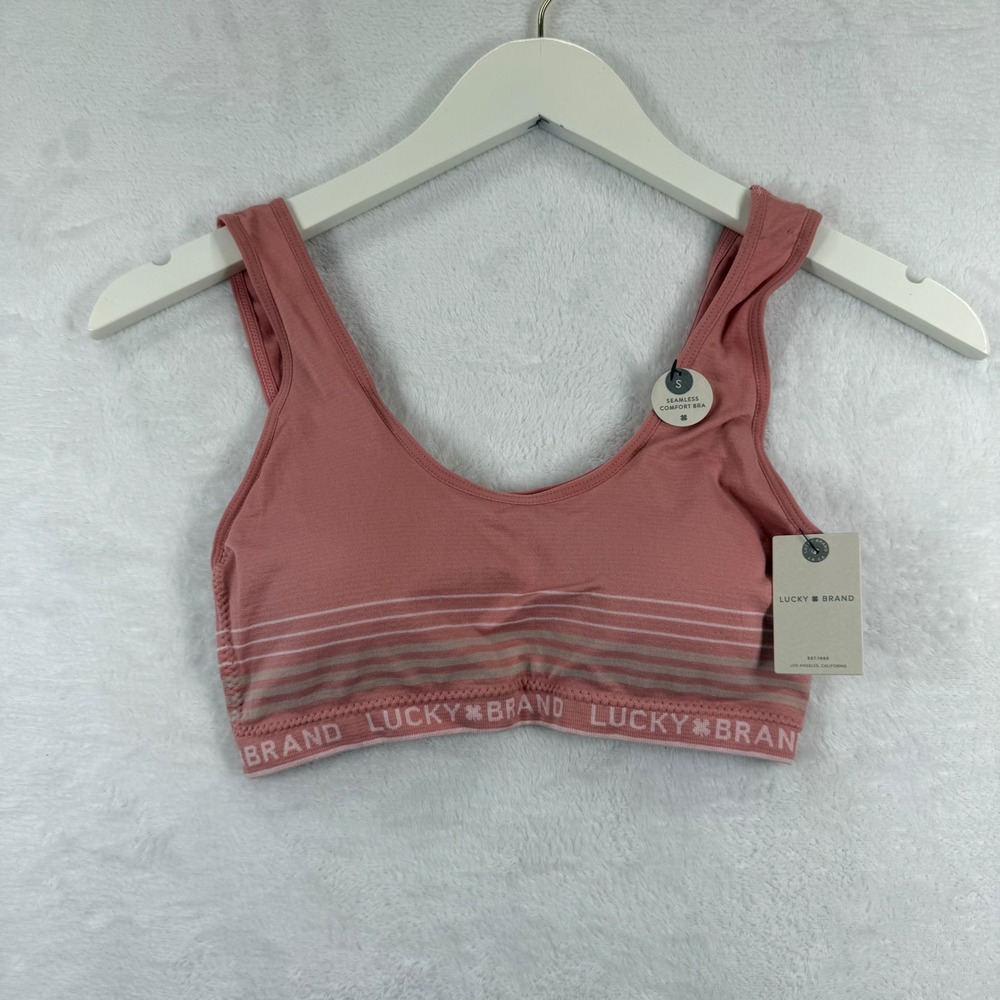 Lucky Brand Seamless Comfort Bra Rose‎ Pink Striped Logo Band Small LVD0155